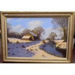 E.Hersey - an isolated farm in a winter landscape with pheasants beside a nearby stream  oil on