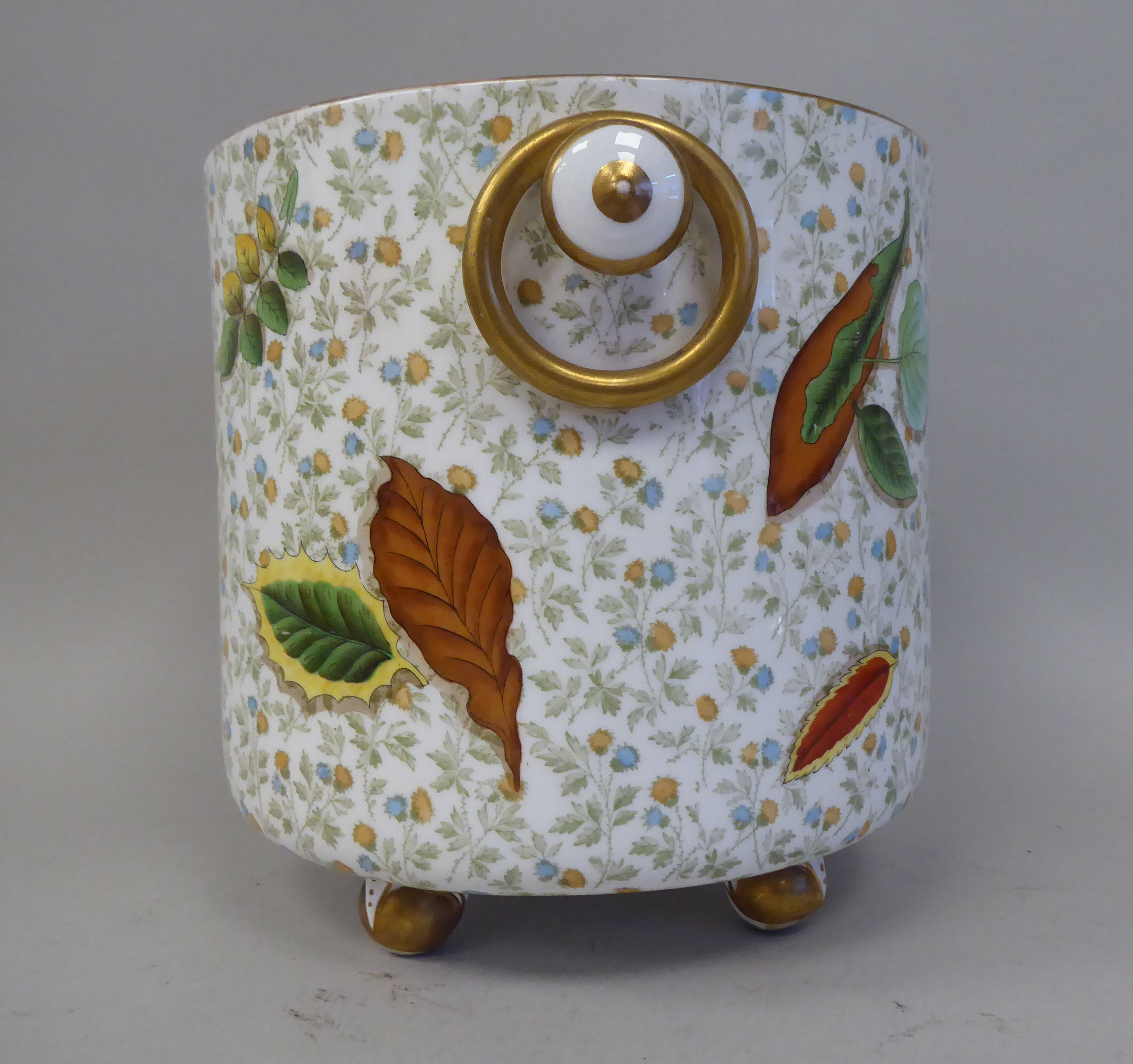 A late 19thC Wedgwood china bucket design planter with straight sides, decorated in autumnal leaves - Image 2 of 7