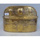 A late Victorian brass hanging demi-lune shape box, impressed with foliate, scrolled and other