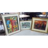 Three framed pictures: to include a 20thC figural abstract  mixed media  28" x 21"