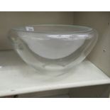 A part frosted/part clear bowl pendant light shade  bears a label 'Conran'  6"h  11"dia