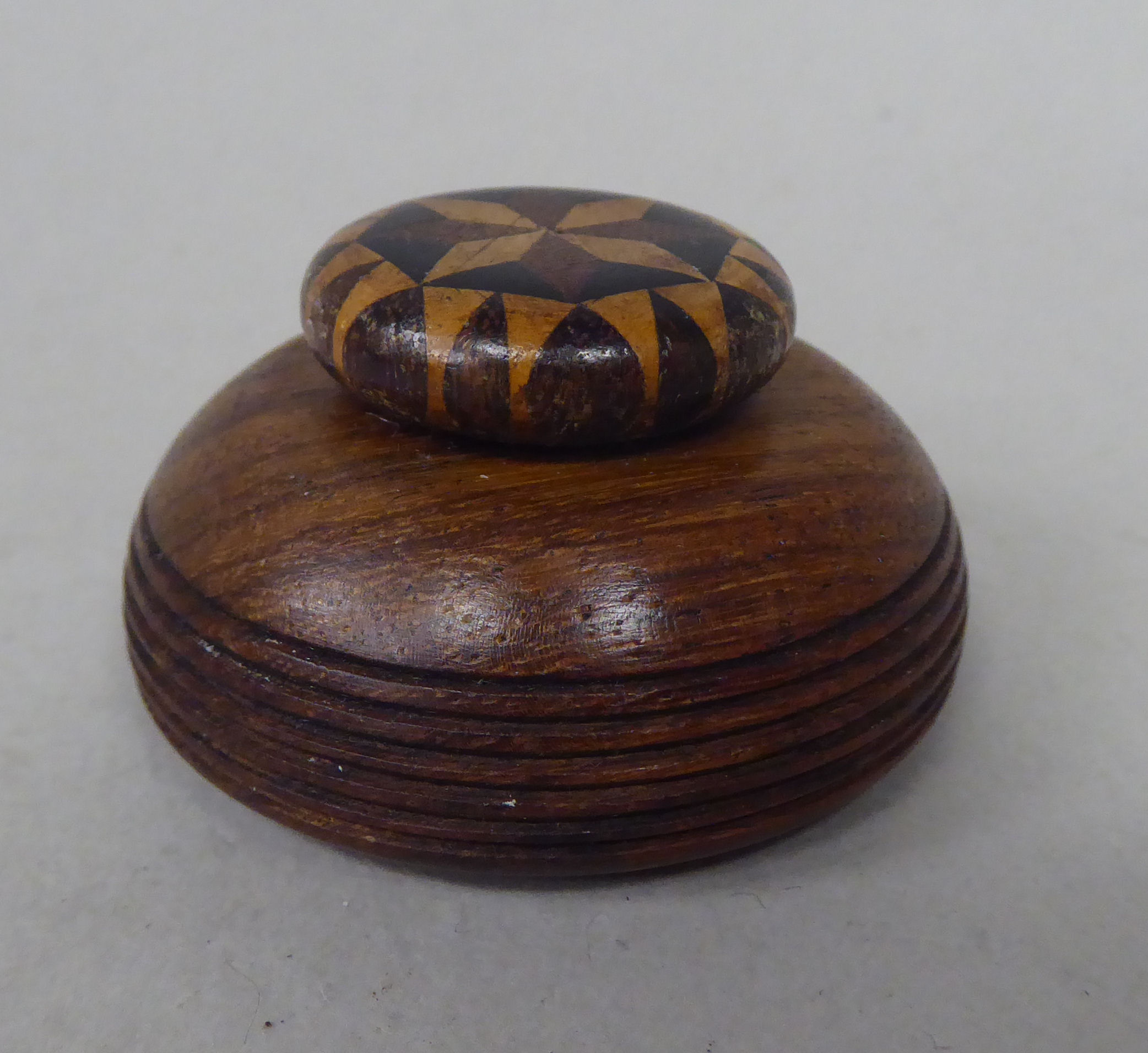 A Tonbridgeware rosewood inkstand with a moulded glass reservoir and cap, on a circular platform, - Image 6 of 6