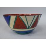 A Clarice Cliff Bizarre pottery sugar bowl, decorated in colours, in a Holborn pattern  5.5"dia