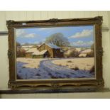 K.Hersey - a farmstead in a winter landscape  oil on canvas  bears a signature  23" x 35"  framed