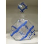 A 1920s Bohemian crystal, fan shaped liqueur decanter and stopper, decorated in wavy blue designs