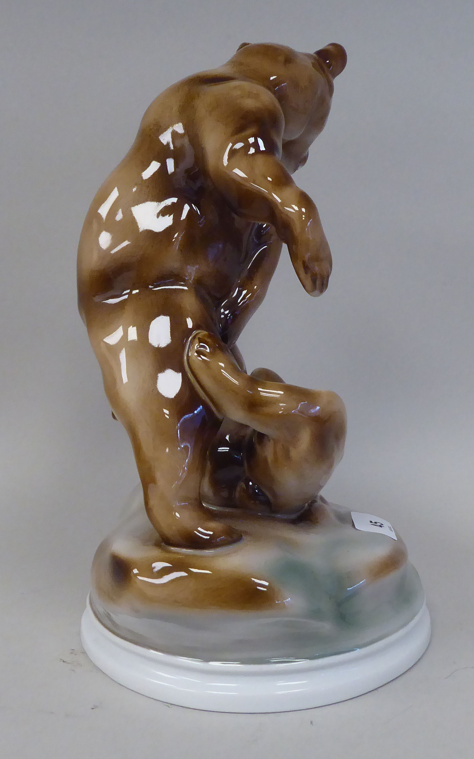 A Zsolnay Pecs porcelain group, two fighting brown bears, on a circular base  bears a printed - Image 4 of 7