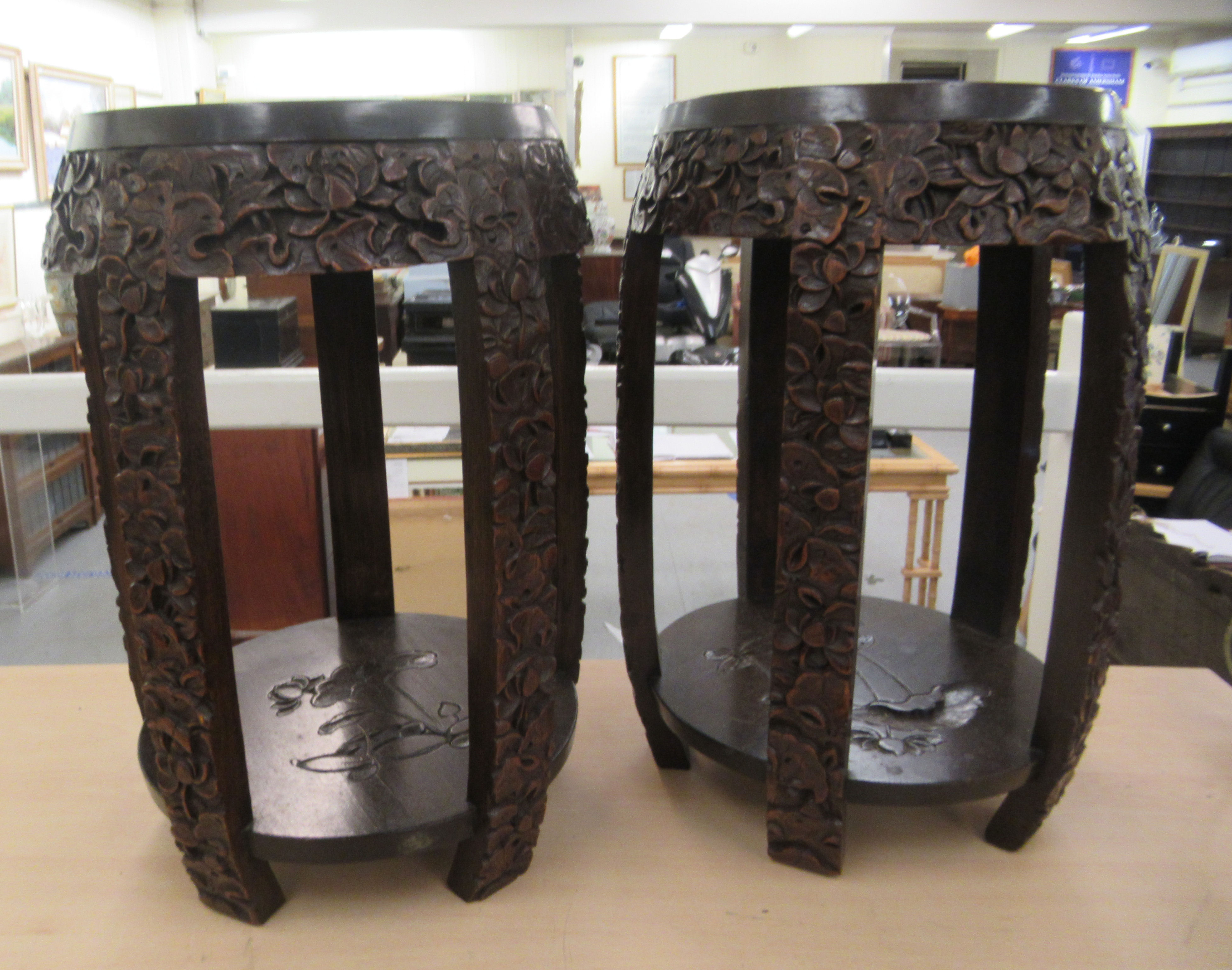 A pair of 20thC Japanese barrel design garden seats, profusely carved and densely decorated with - Image 2 of 5