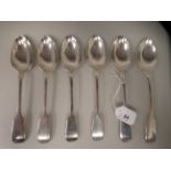 A set of three silver fiddle pattern tablespoons; and another set of three  Mary Chawner  London