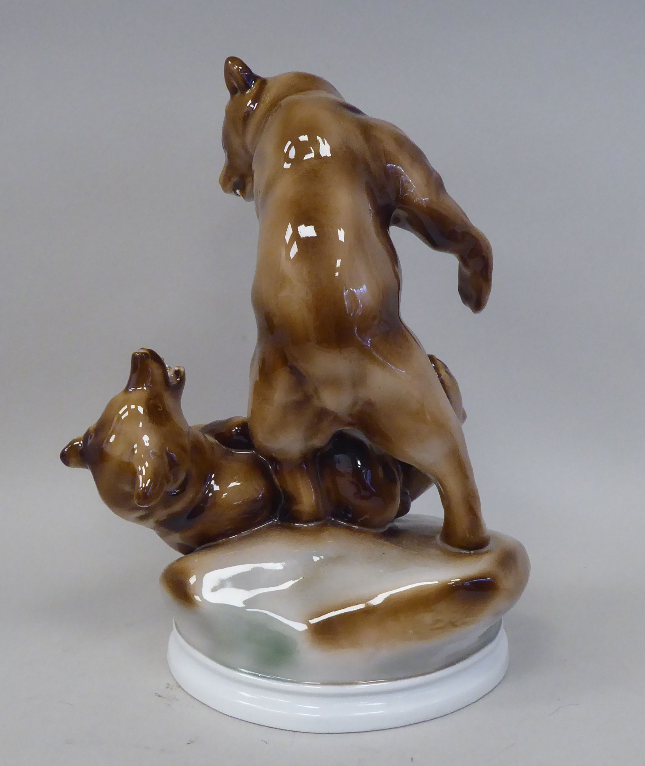 A Zsolnay Pecs porcelain group, two fighting brown bears, on a circular base  bears a printed - Image 3 of 7