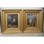 K Bendiez - a pair of 19thC figure studies with domestic pets  oil on board, one bears a