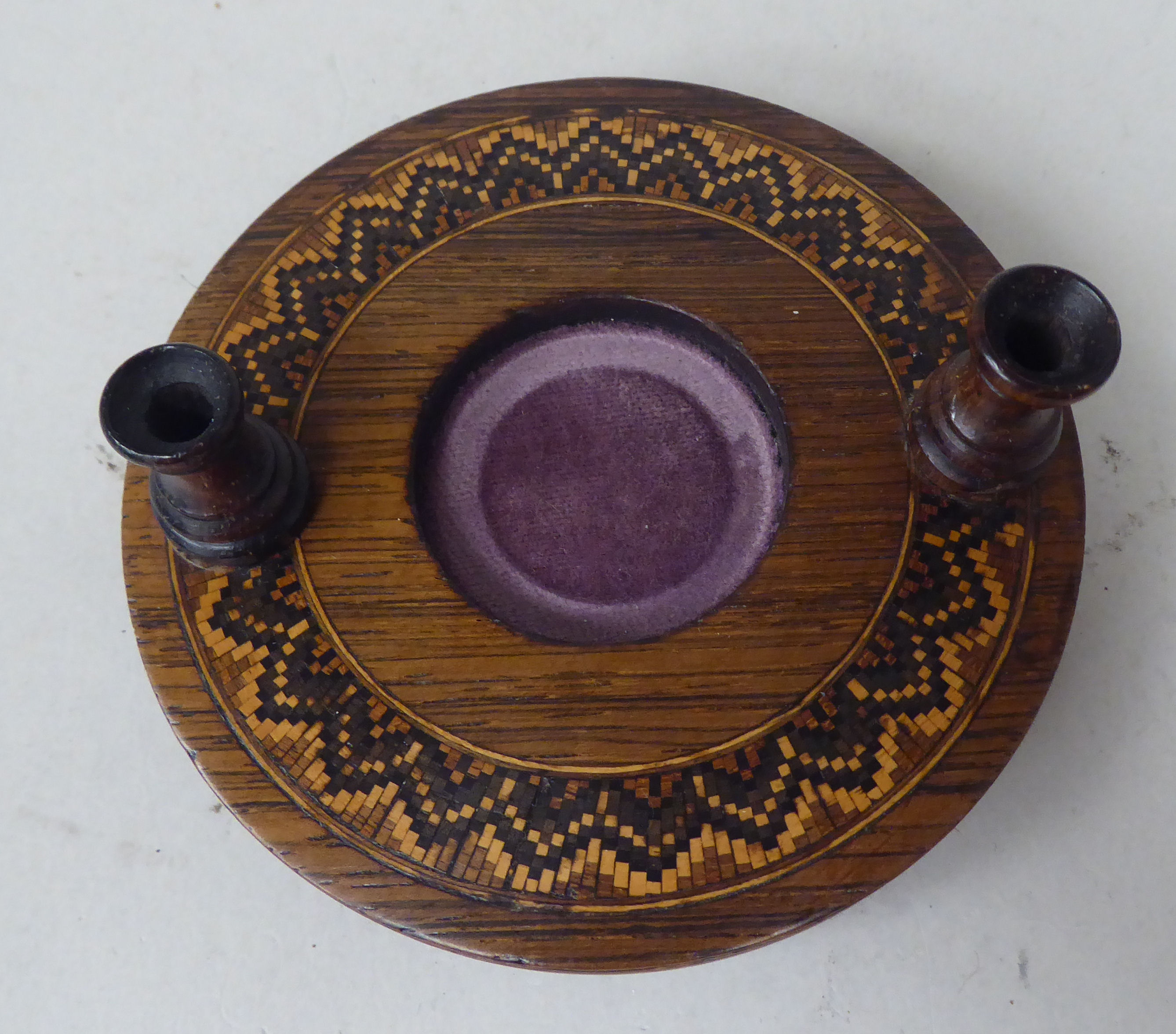 A Tonbridgeware rosewood inkstand with a moulded glass reservoir and cap, on a circular platform, - Image 3 of 6