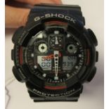 A Casio G-Shock Protection bracelet watch, the baton dial incorporating three subsidiaries