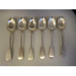 A matched set of six William IV Scottish silver fiddle pattern dessert spoons  Glasgow 1835  mixed