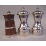 A pair of Cole & Mason silver salt mills; and a turned hardwood mill with applied silver bands