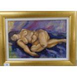 A nude study  mixed media on board  bears initials VW & dated 2002  10" x 15"  framed