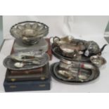 Silver plated tableware: to include decanter labels; boxed flatware; and sauce boats