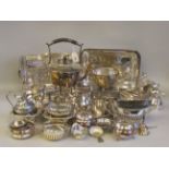 Silver plated tableware: to include a kettle on stand; a waiter  6"dia; and salts