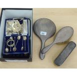 Mixed silver items: to include coffee spoons; and a three piece dressing table set  mixed marks