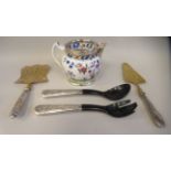 Mixed items, viz. a china jug with a silver footrim and collar; a pair of ebony salad servers,