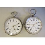 A late Victorian silver cased pocket watch, faced by a white enamel Roman dial with subsidiary