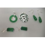 Modern Oriental jade and white metal mounted jewellery, comprising two pairs of earrings and two