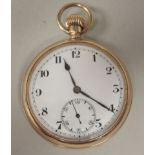 A 9ct gold cased pocket watch, the keyless movement faced by a white enamel Arabic dial,