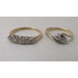 An 18ct gold claw set, five stone diamond ring; and an 18ct gold crossover set, five stone diamond