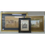 Three framed pictures: to include WRW - a street market scene  watercolour  bears initials  4.5" x