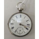 A silver coloured metal pocket watch, faced by a white enamel Roman dial, incorporating a