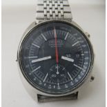 A Seiko Baby Jumbo stainless steel cased and strapped chronograph wristwatch, faced by a baton