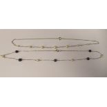 Two fine white metal neckchains, one set with cultured pearls, the other cultured pearls and lapis