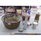 A mixed lot: to include a late Victorian brass preserve pan with a fixed handle  12"dia