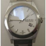 A Gucci Pantheon stainless steel cased and strapped wristwatch, faced by a baton dial with a date