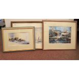 Three framed Suffolk coastline scenes with shipping, two by Linda Wilson and another bears an