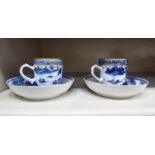 Two late 18thC Chinese porcelain cups and saucers, traditionally decorated with landscapes and