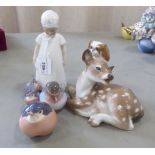 Seven Royal Copenhagen porcelain ornaments: to include a seated deer  4"h