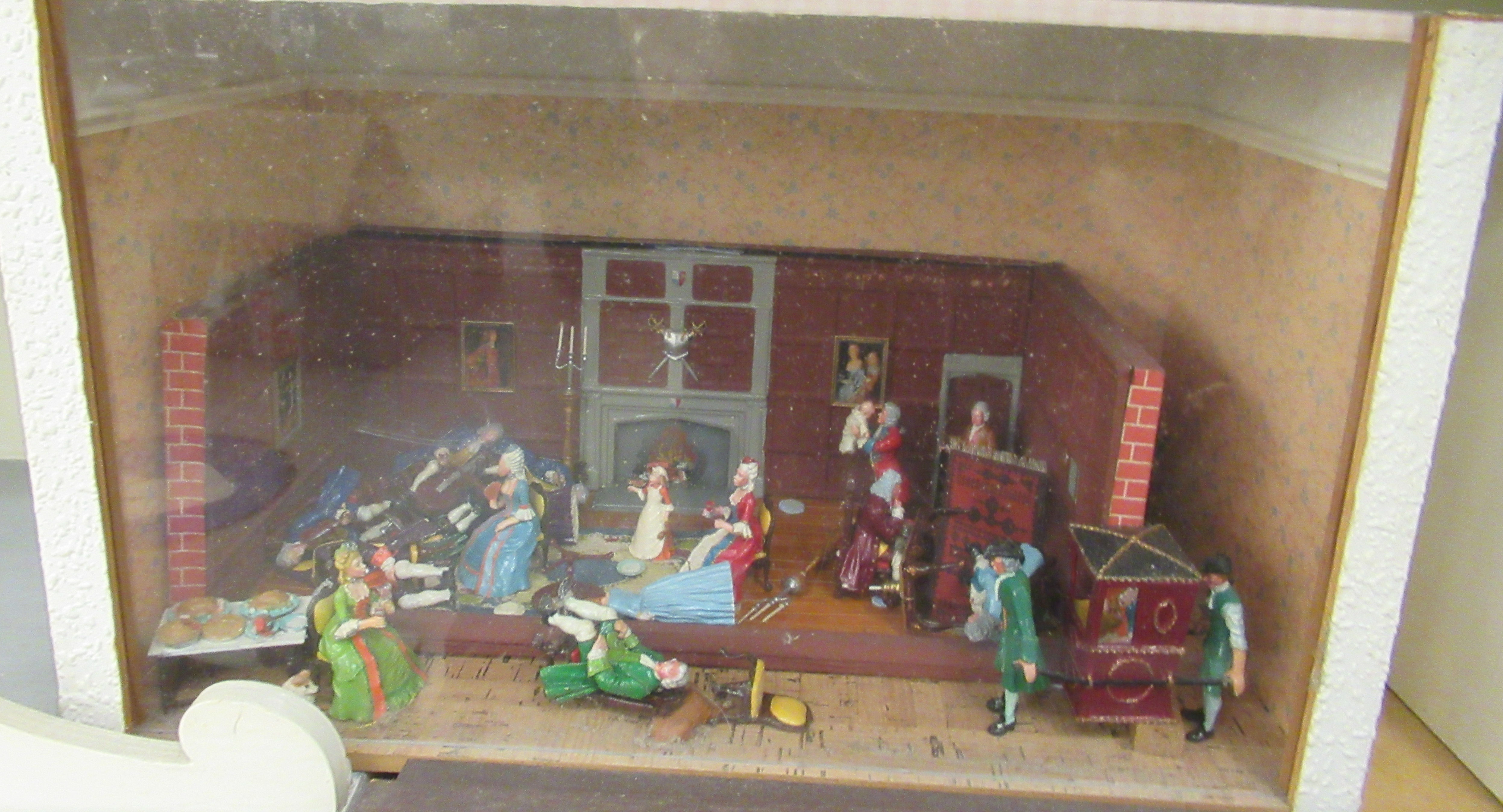 Five dolls house room settings, containing figures, furniture and accessories  cased  largest 11" - Image 4 of 6