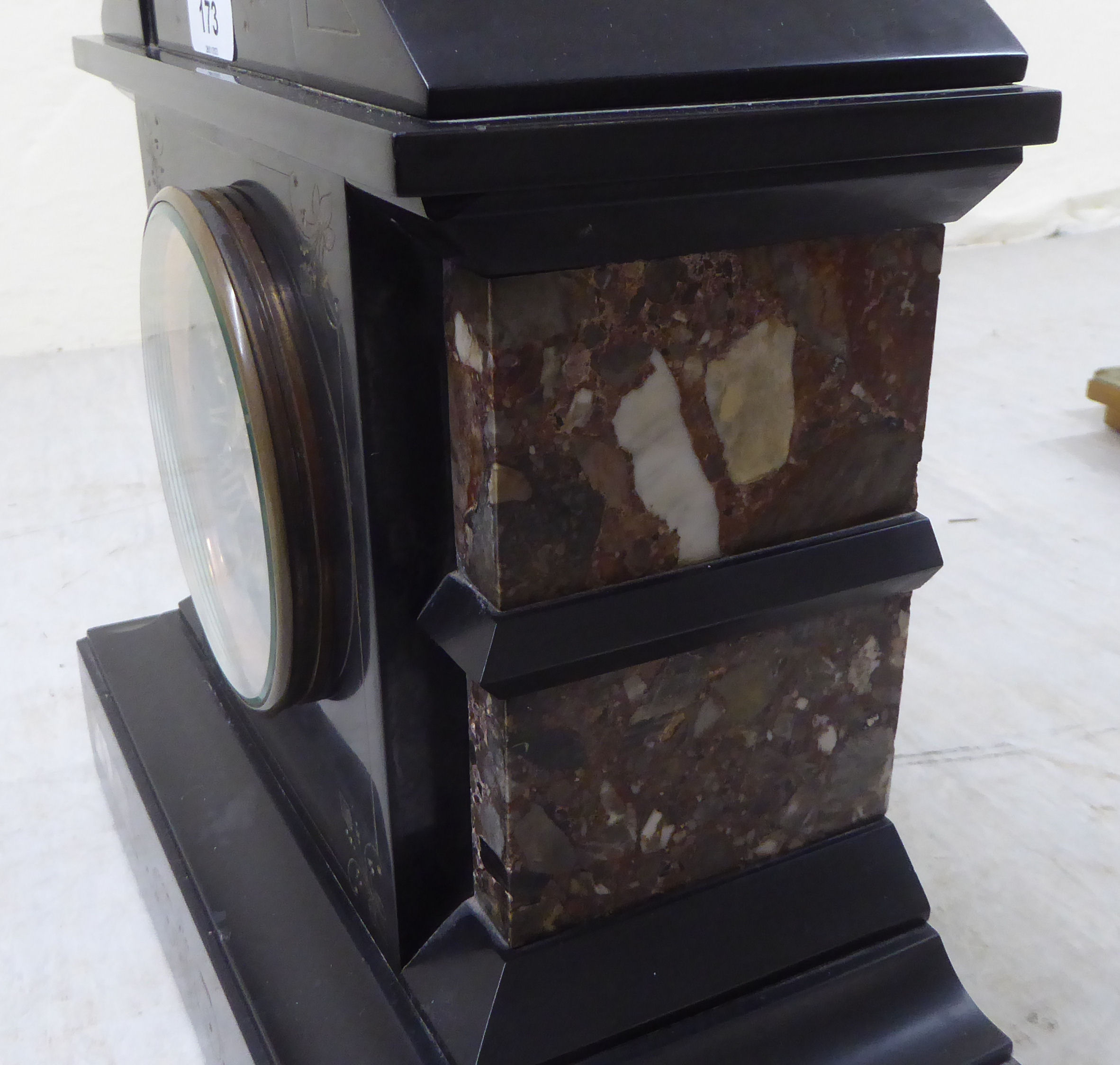Two similar late Victorian black slate cased mantel clocks; each with an 8 day movement, faced by - Image 2 of 3