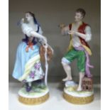 A pair of early 20thC Continental porcelain figures, a man and a woman holding bird cages  8"h