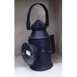 A modern replica of a 19thC black painted cast metal lantern  11"h
