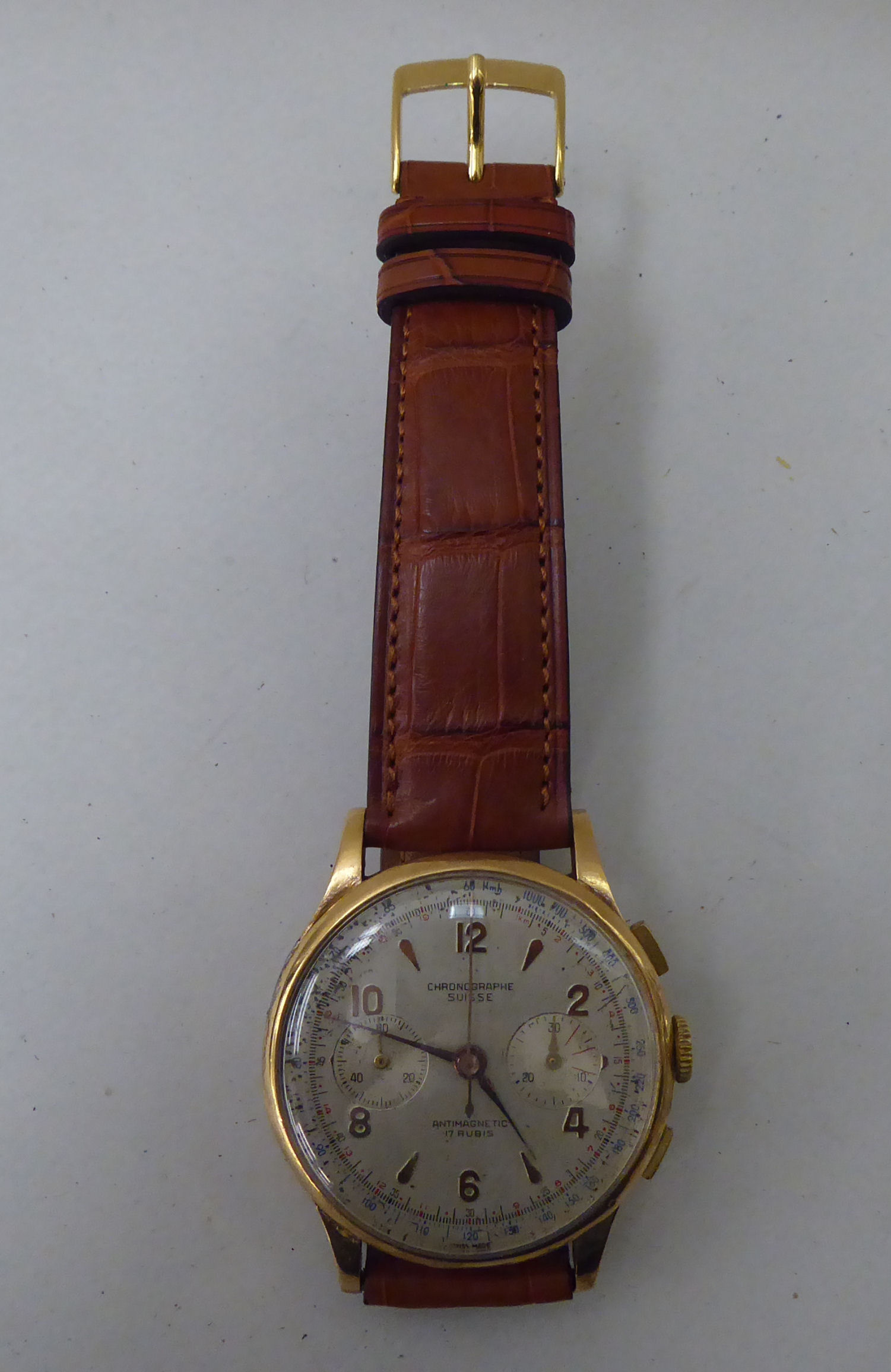 A Chronograph Suisse 18ct gold cased wristwatch, the antimagnetic 17 jewel movement, faced by a - Image 2 of 7