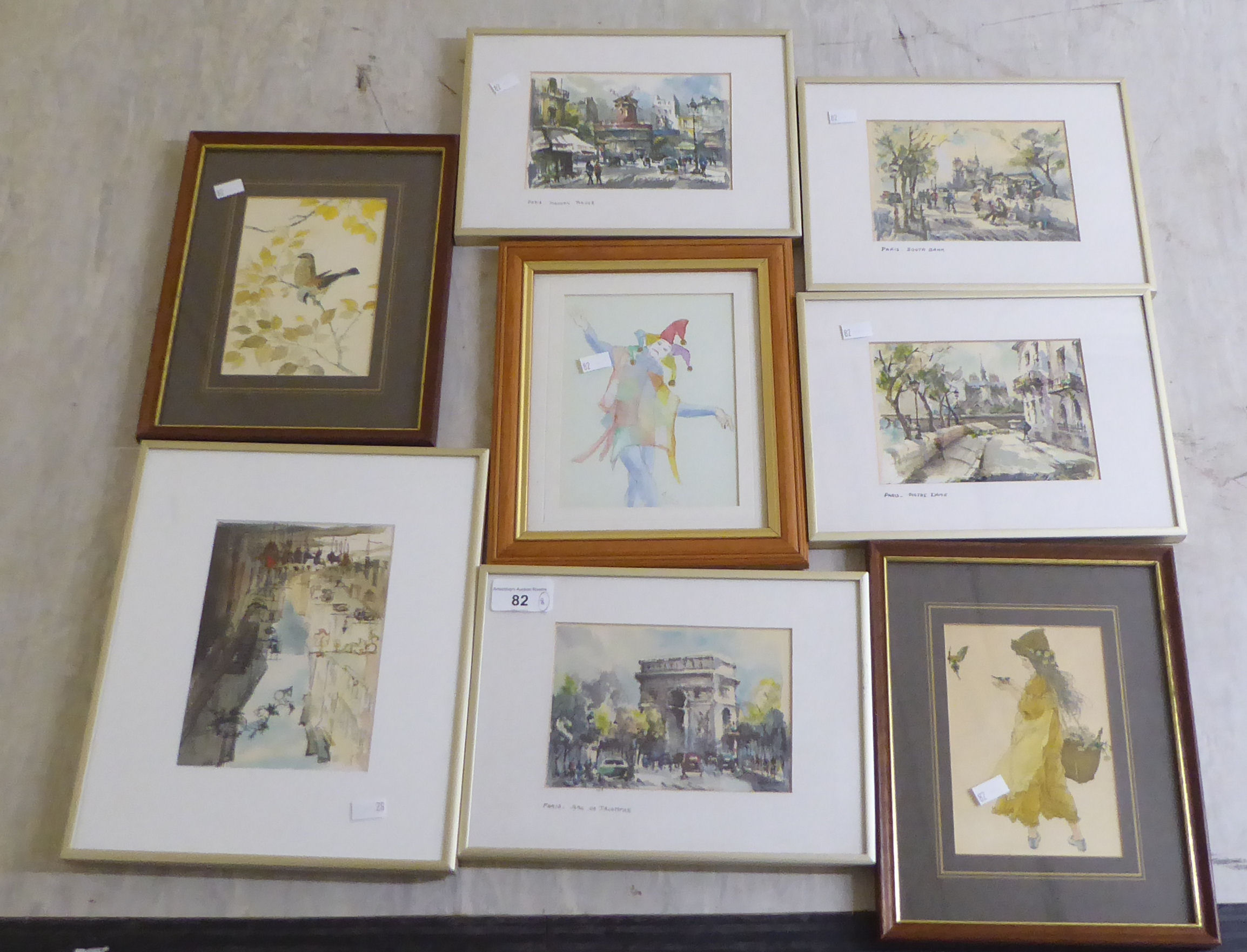 Eight framed pictures and prints: to include Parisian street scenes  4" x 6"