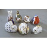 Royal Crown Derby china paperweights and ornaments: to include two rabbits with gilt stoppers  2"h