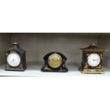 Three similar 20thC black lacquered and gilded chinoiserie cased mantel timepieces  largest 8"h