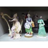 Continental porcelain figures: to include a woman playing the harp  8"h