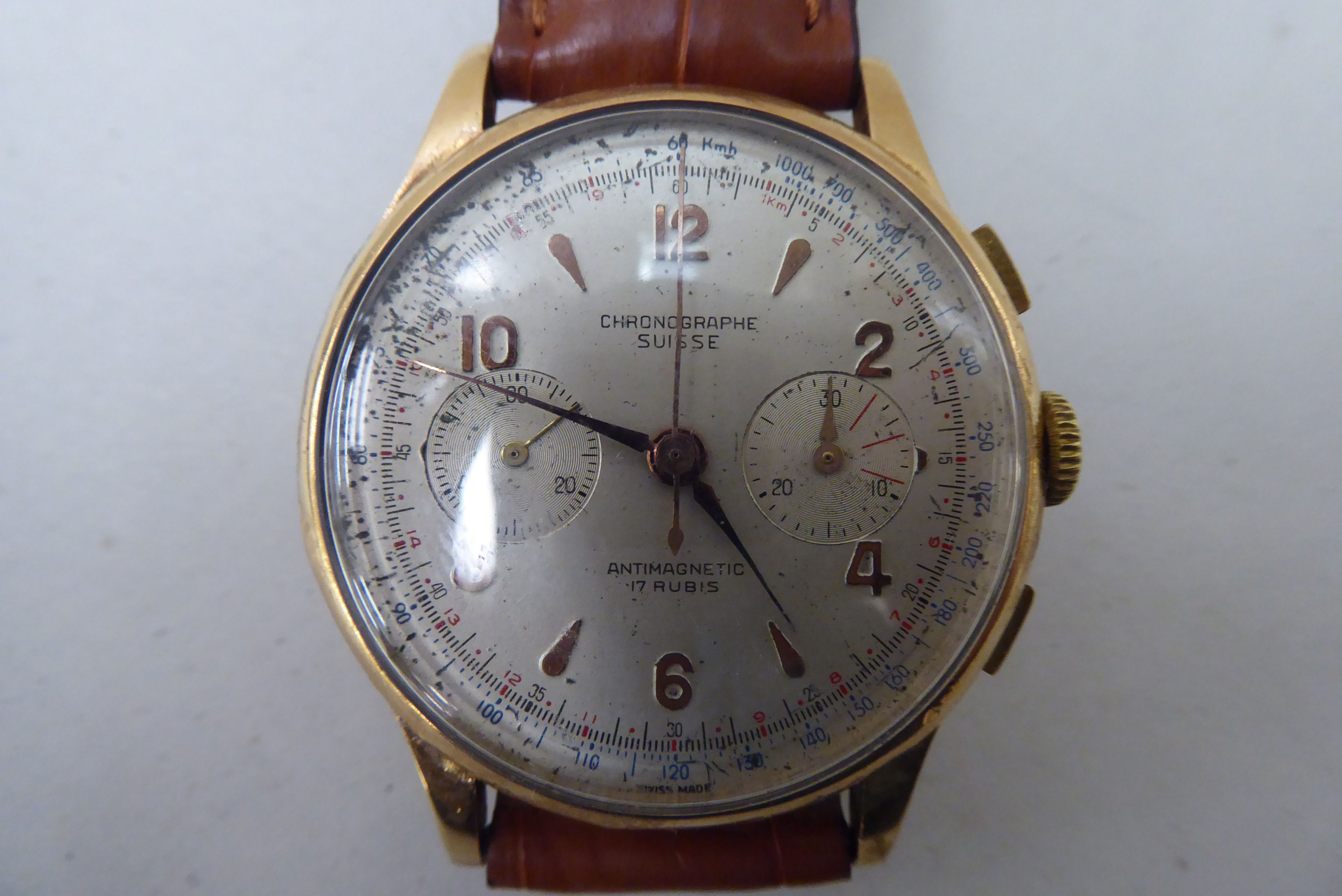 A Chronograph Suisse 18ct gold cased wristwatch, the antimagnetic 17 jewel movement, faced by a - Image 3 of 7