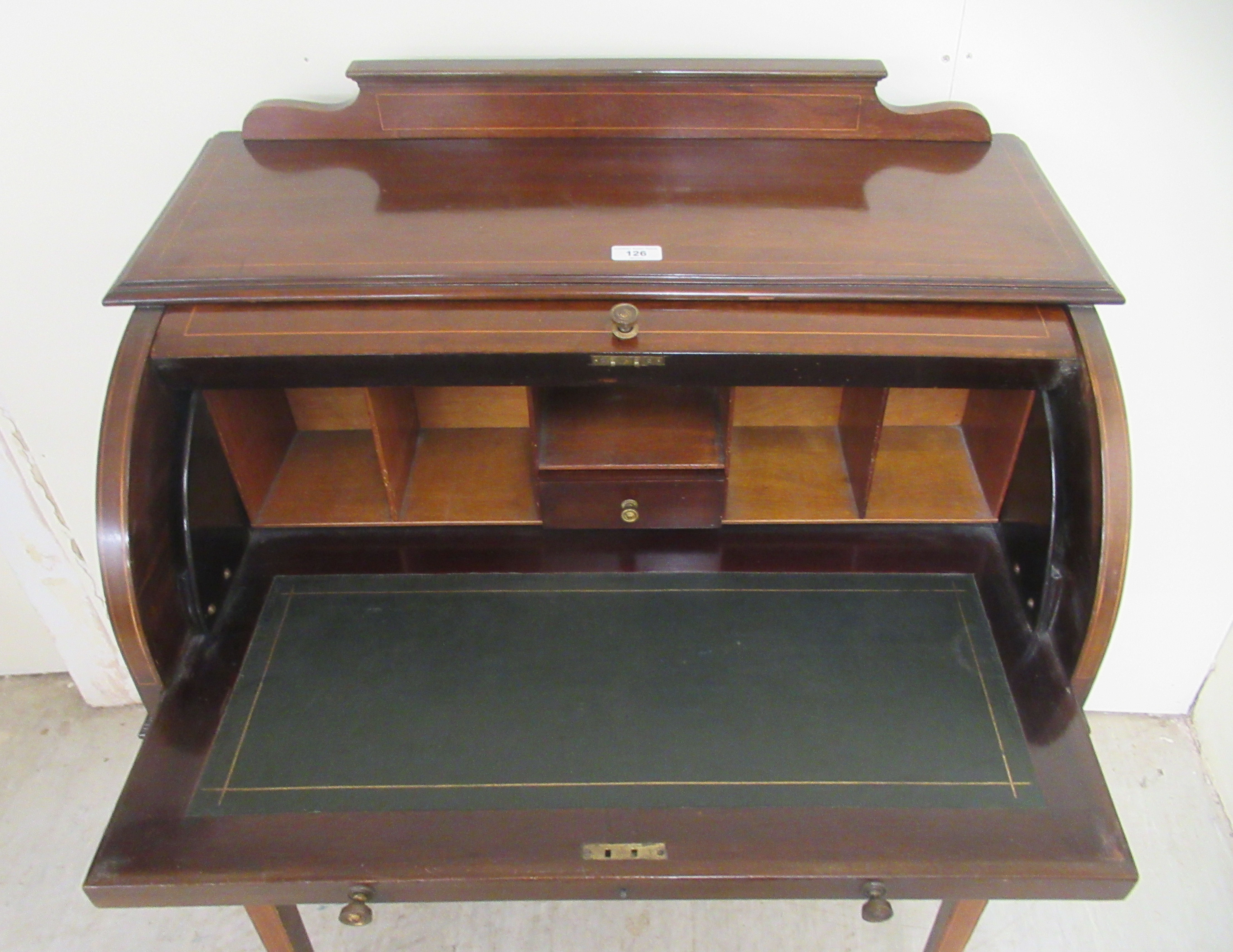 An Edwardian lady's satinwood inlaid mahogany cylinder front desk with a fitted interior, over two - Image 2 of 4