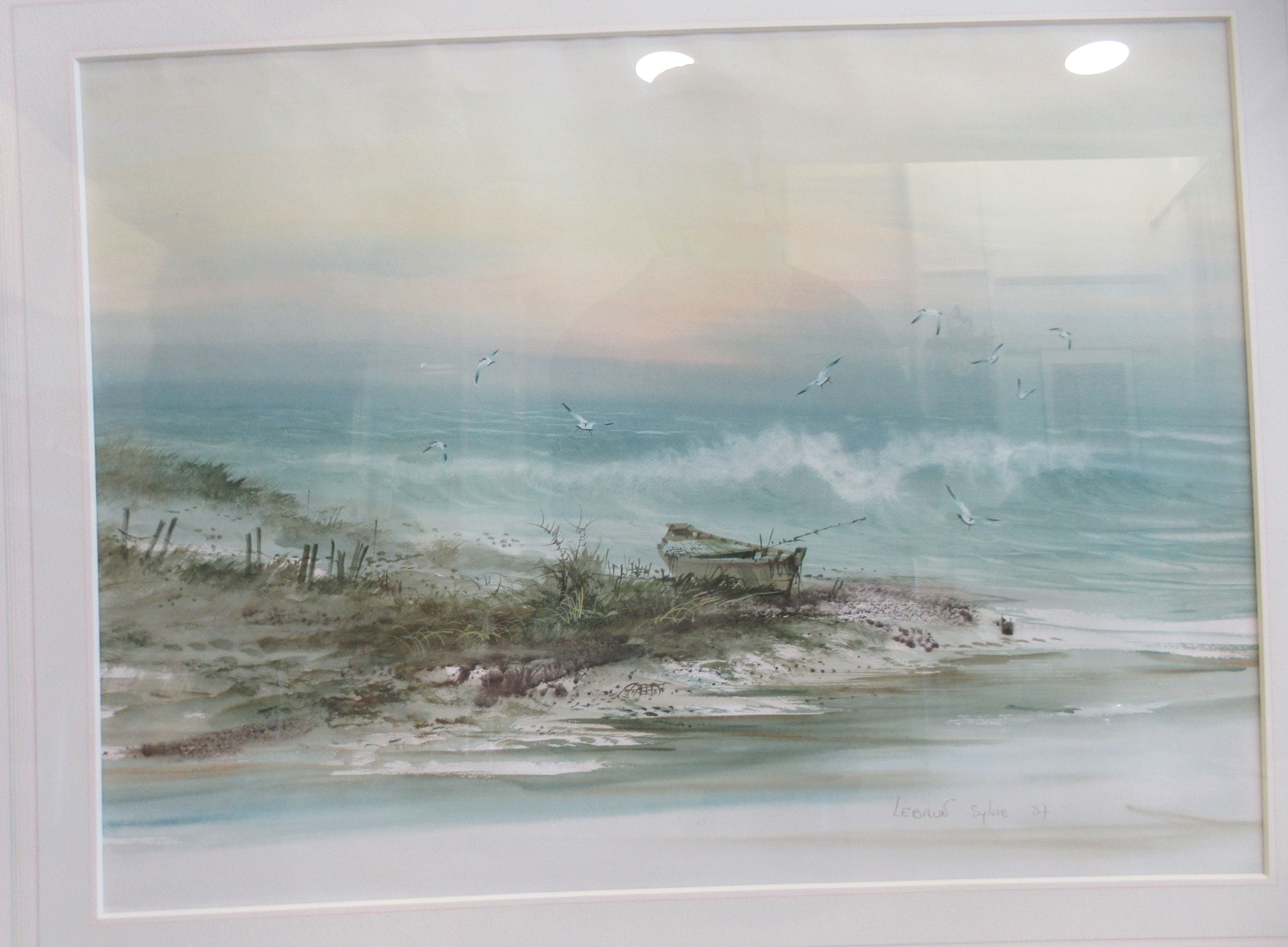 Four pictures and prints: to include P Robertson - a shoreline scene at dusk with fishing boats  oil - Image 4 of 9