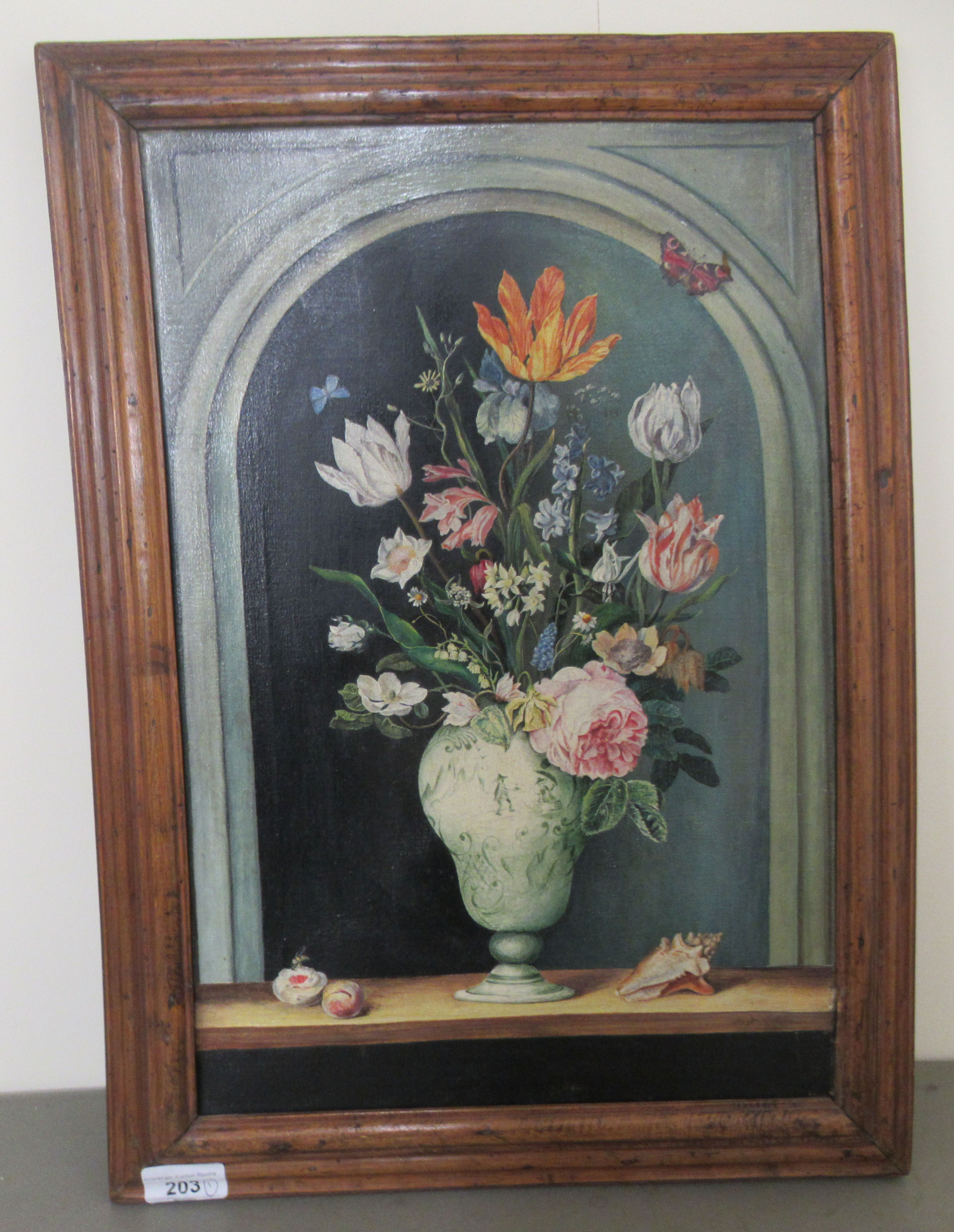 A modern copy of an 18thC Flemish School - a still life study of flowers, in a vase by an alcove