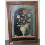 A modern copy of an 18thC Flemish School - a still life study of flowers, in a vase by an alcove